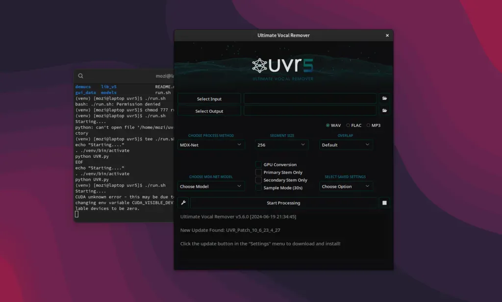 uvr5 running on archlinux in gnome desktop environment